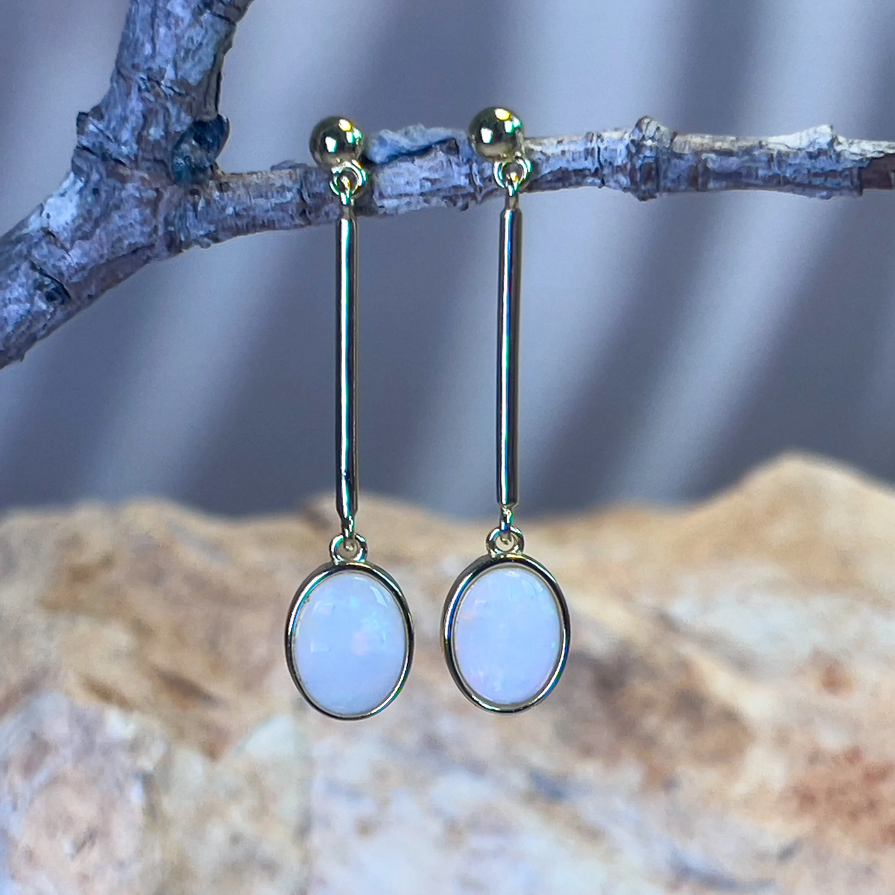 Gold Plated long bar dangling earrings with White Opals 9x7mm