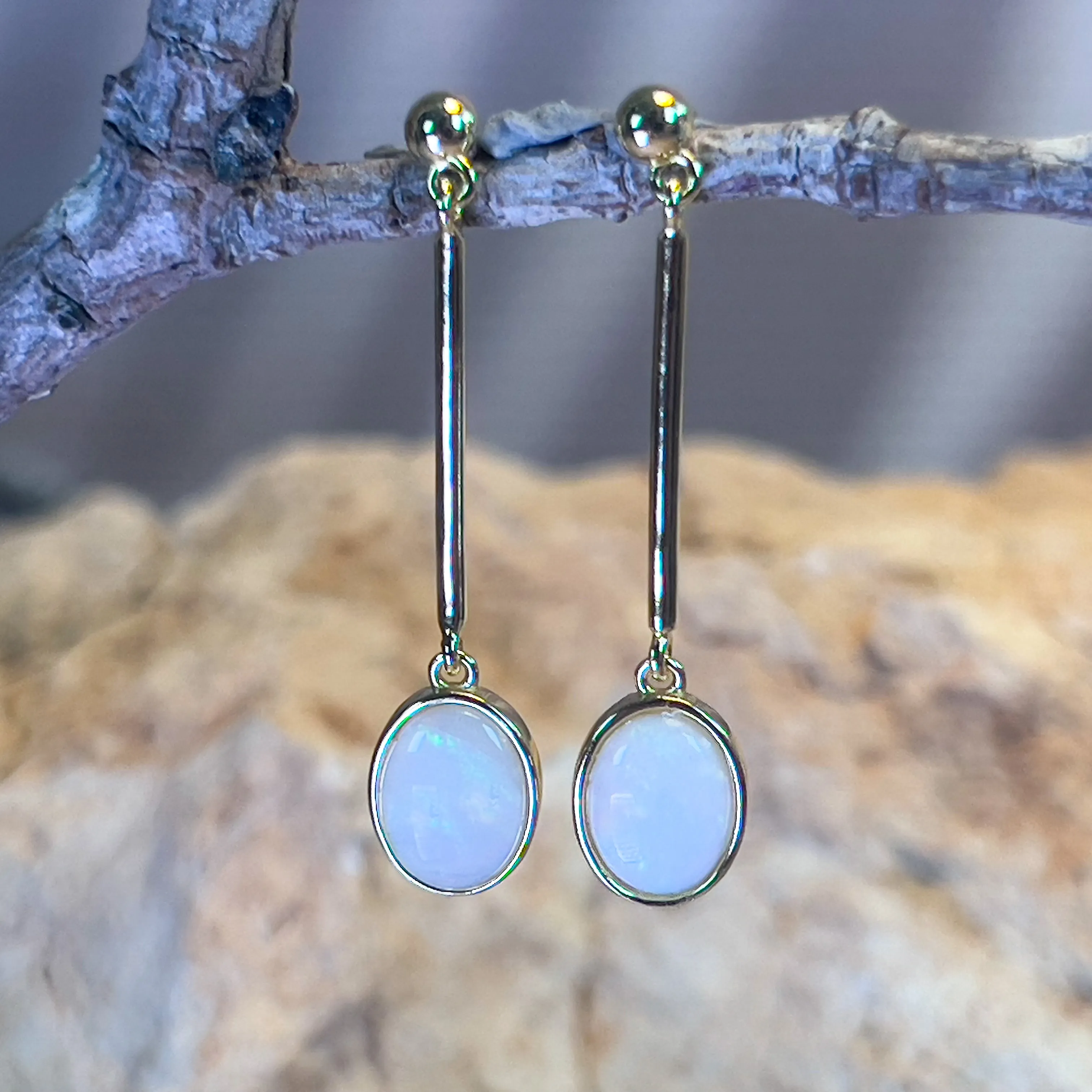 Gold Plated long bar dangling earrings with White Opals 9x7mm