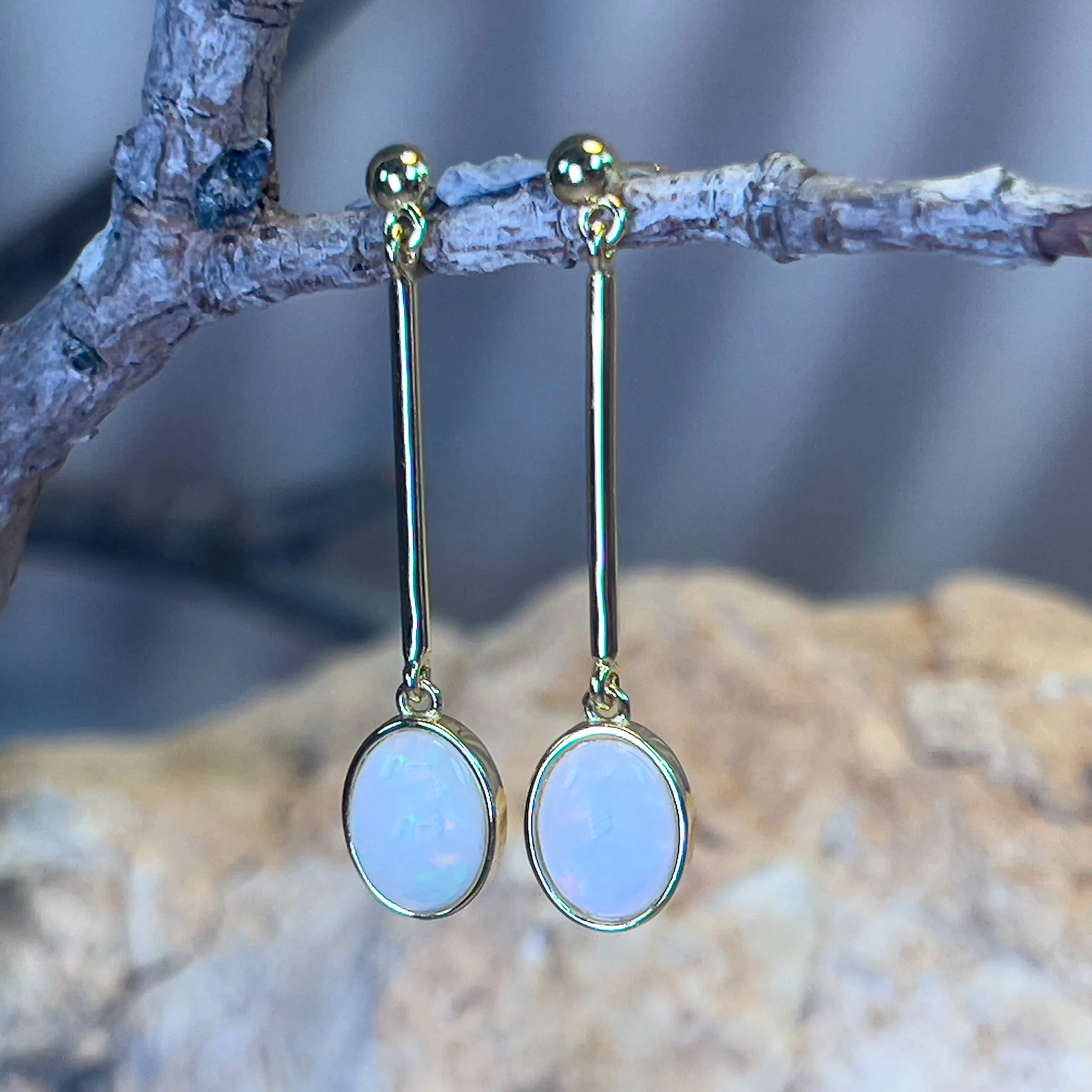 Gold Plated long bar dangling earrings with White Opals 9x7mm