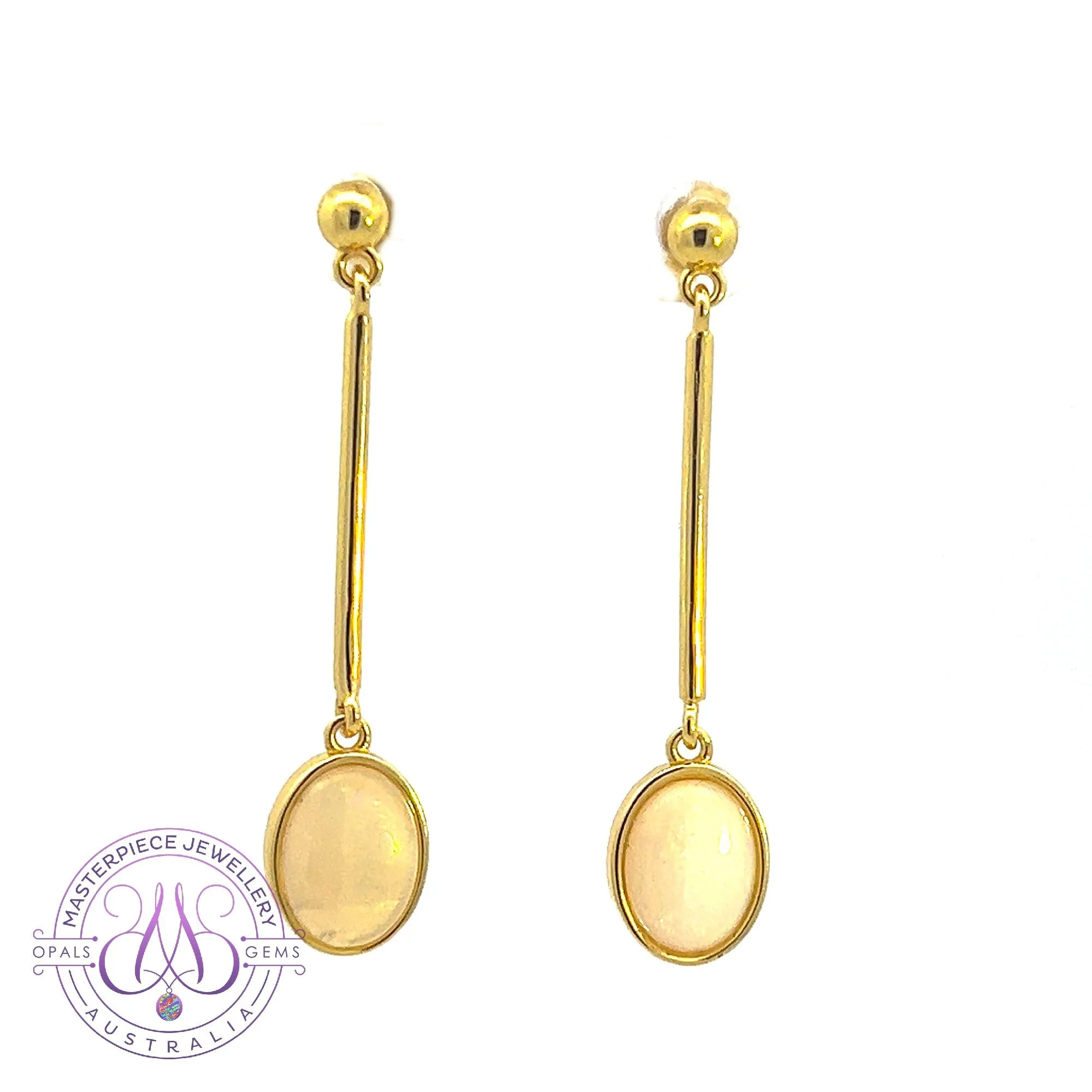 Gold Plated long bar dangling earrings with White Opals 9x7mm