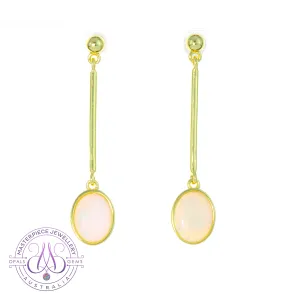 Gold Plated long bar dangling earrings with White Opals 9x7mm