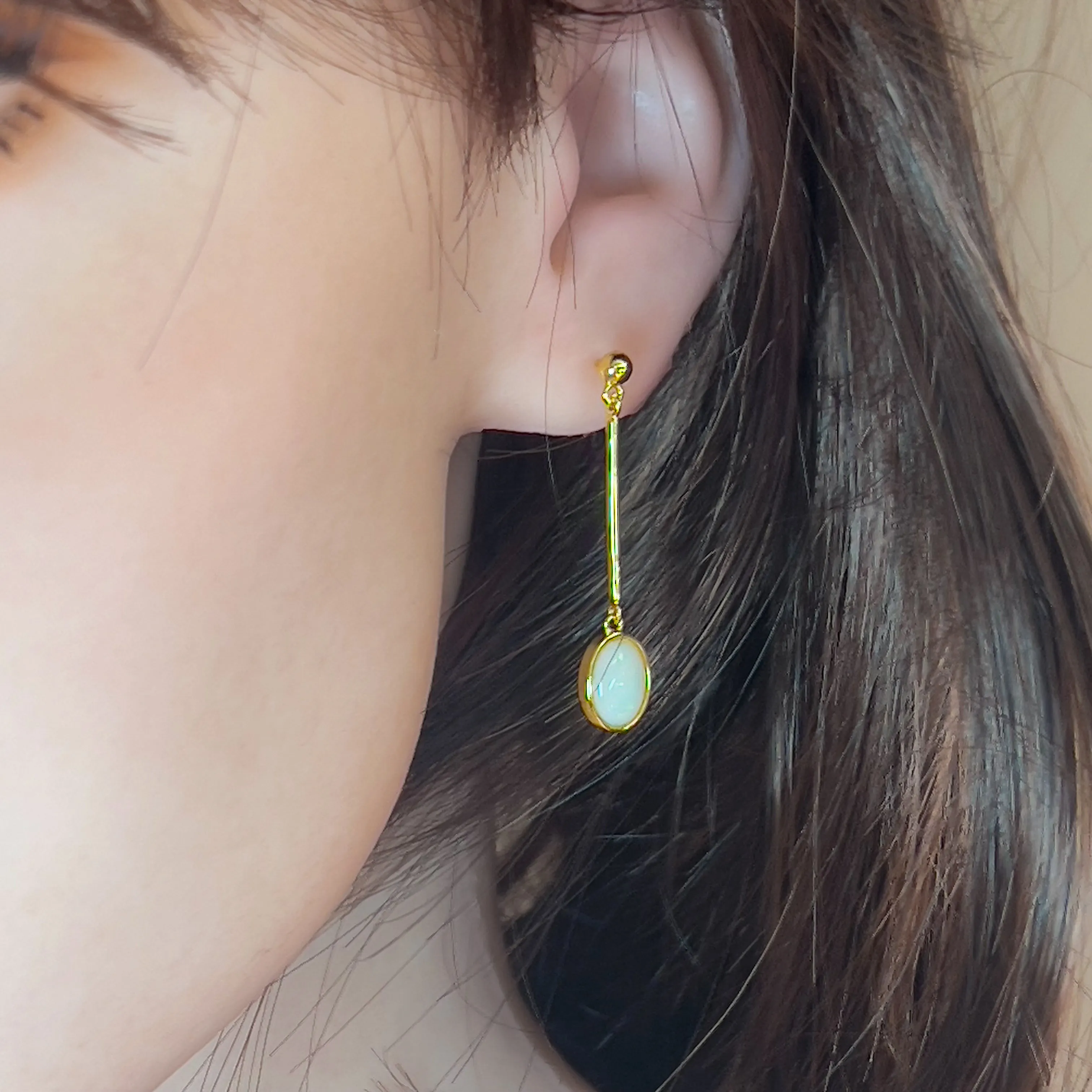 Gold Plated long bar dangling earrings with White Opals 9x7mm