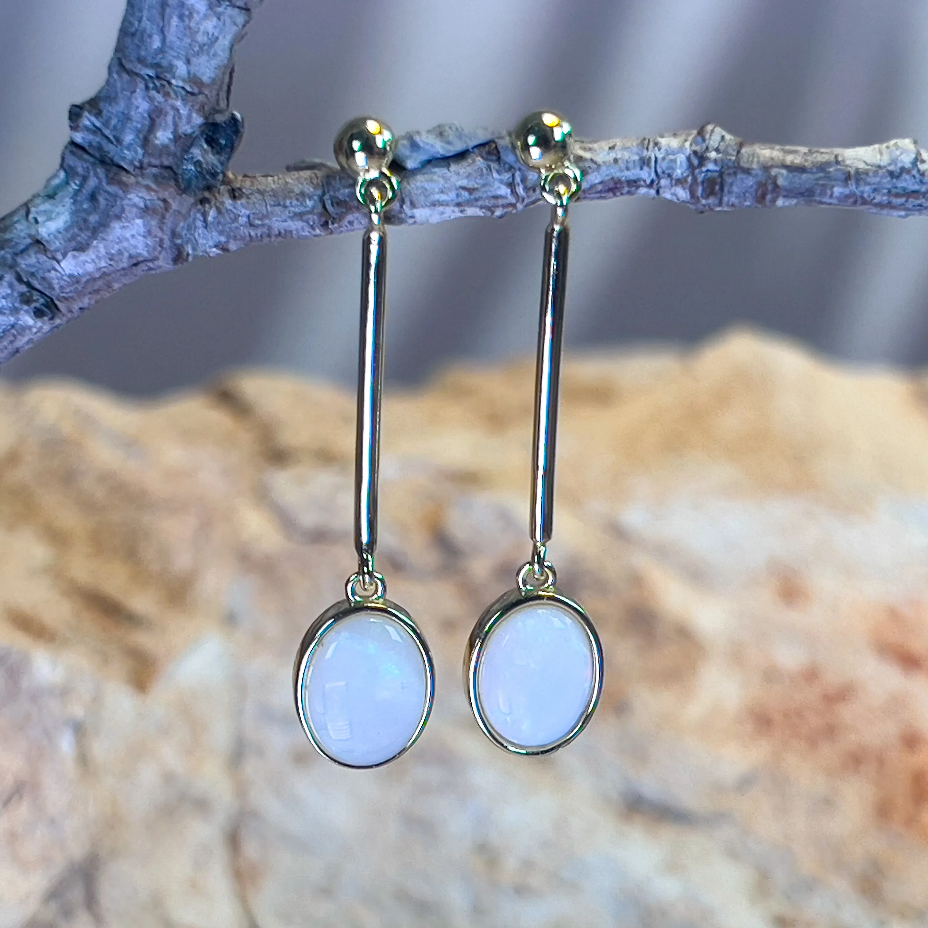 Gold Plated long bar dangling earrings with White Opals 9x7mm