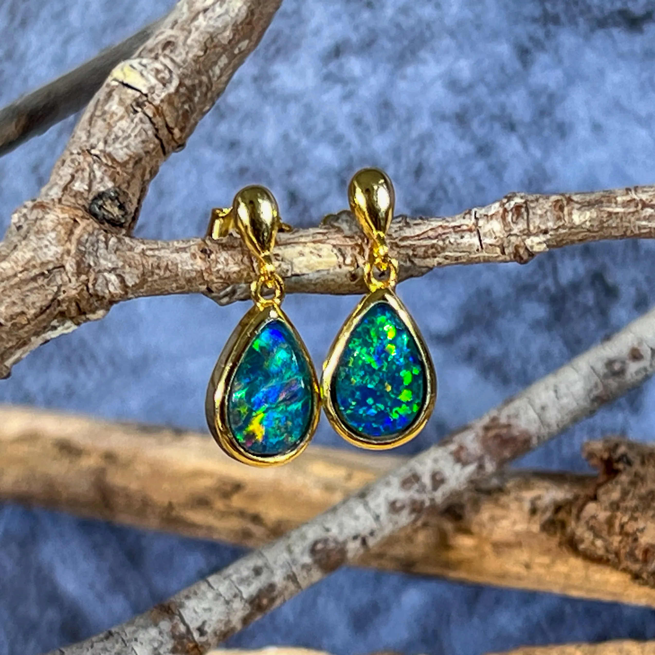 Gold plated Silver short drop pear shape 9x6mm Opal triplet earrings