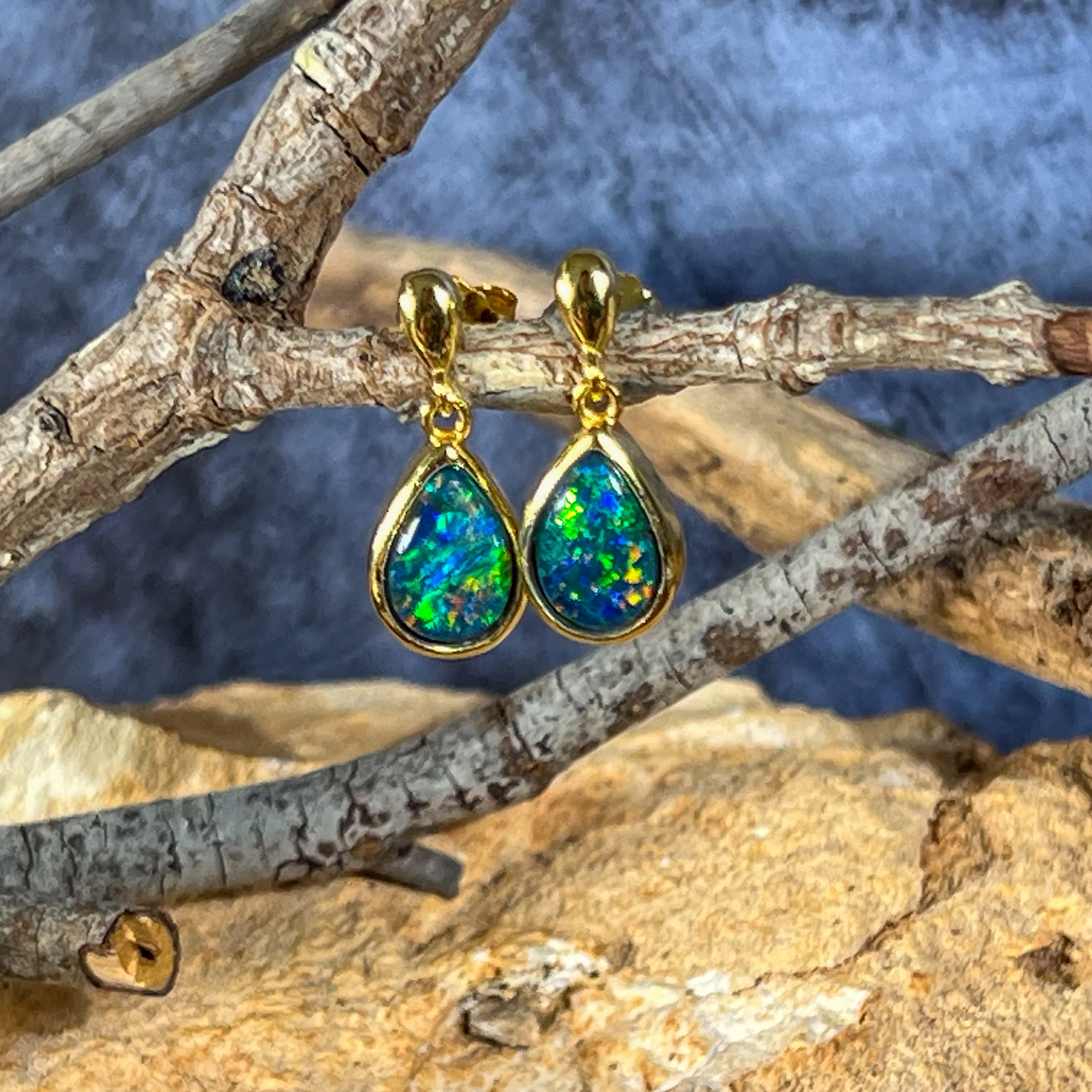 Gold plated Silver short drop pear shape 9x6mm Opal triplet earrings