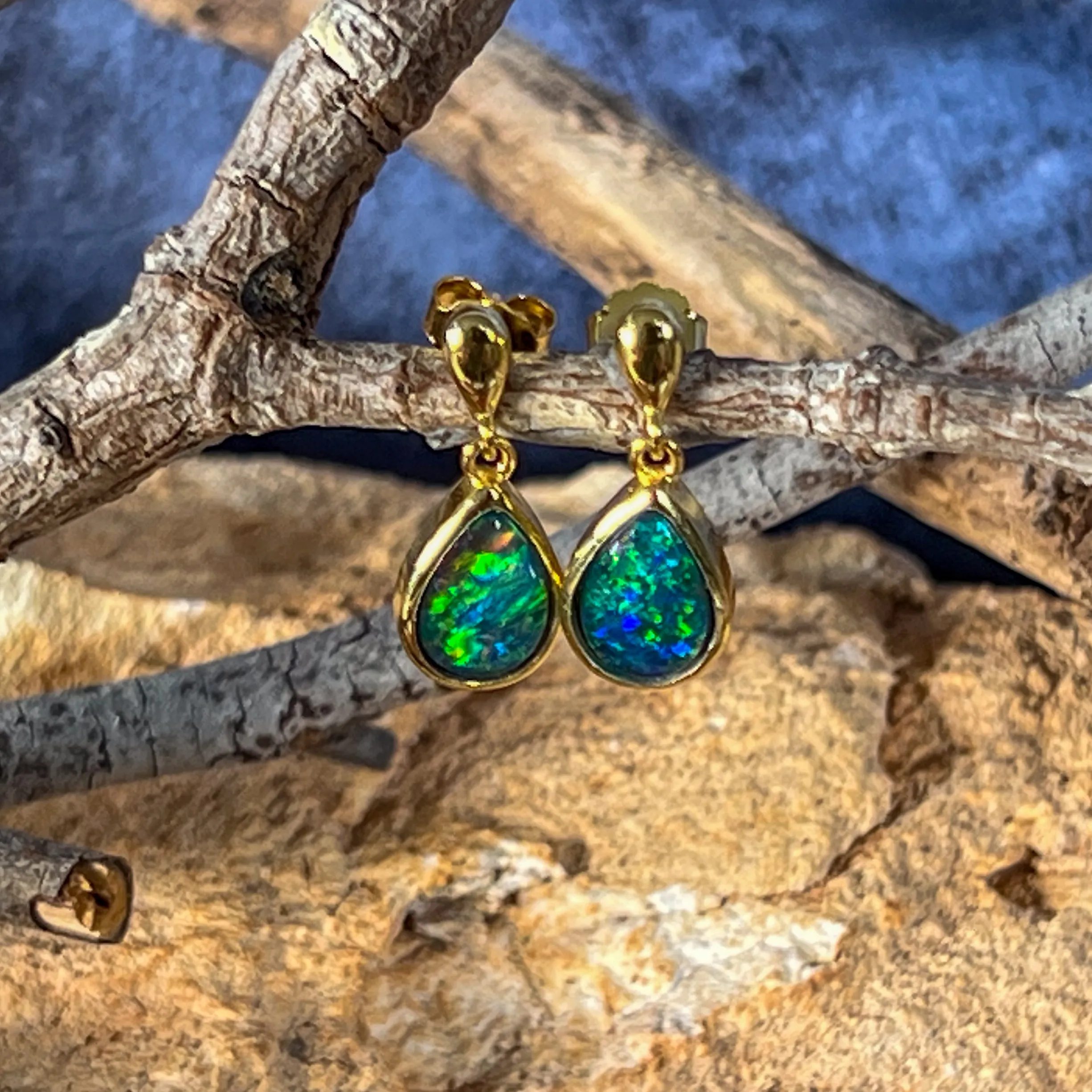 Gold plated Silver short drop pear shape 9x6mm Opal triplet earrings