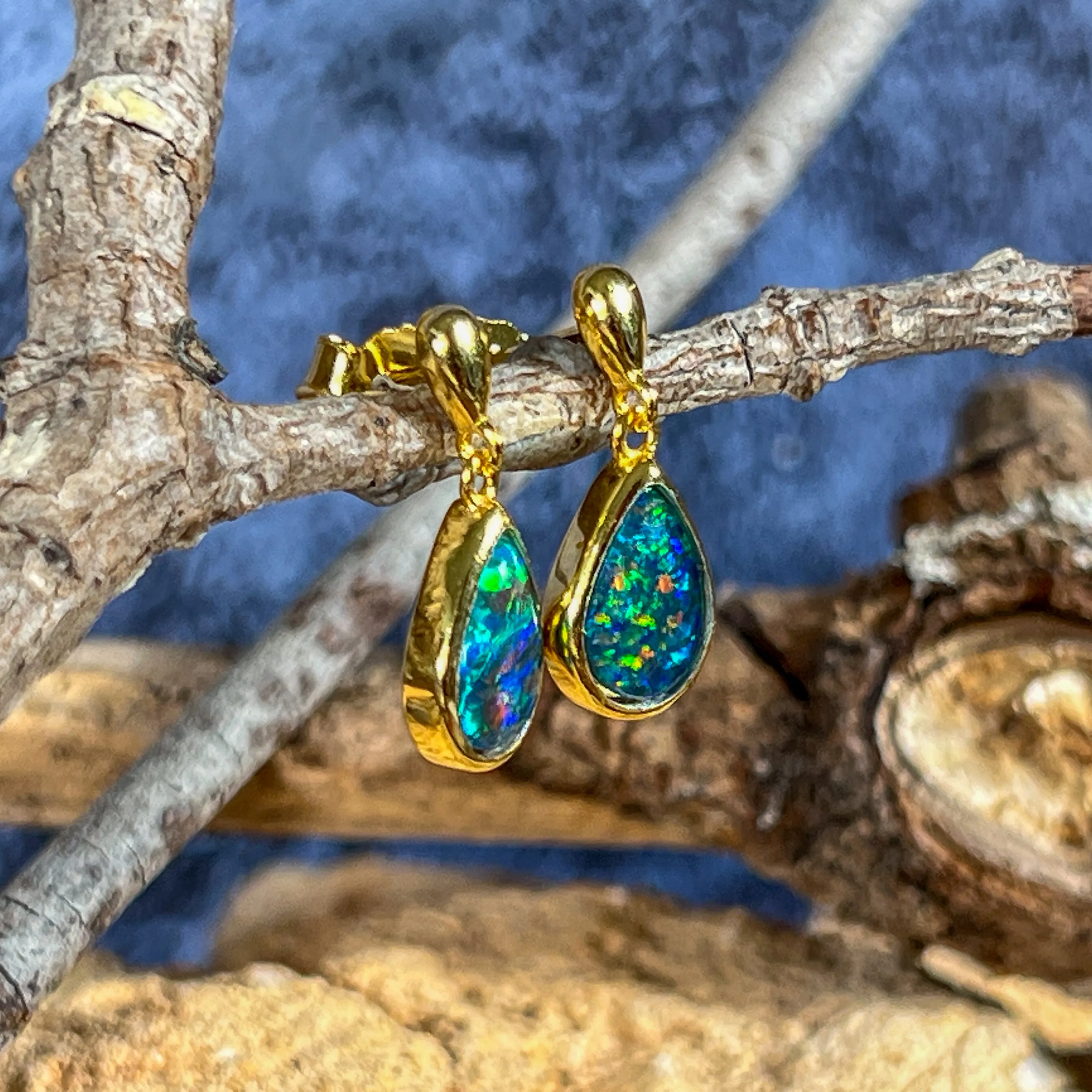 Gold plated Silver short drop pear shape 9x6mm Opal triplet earrings