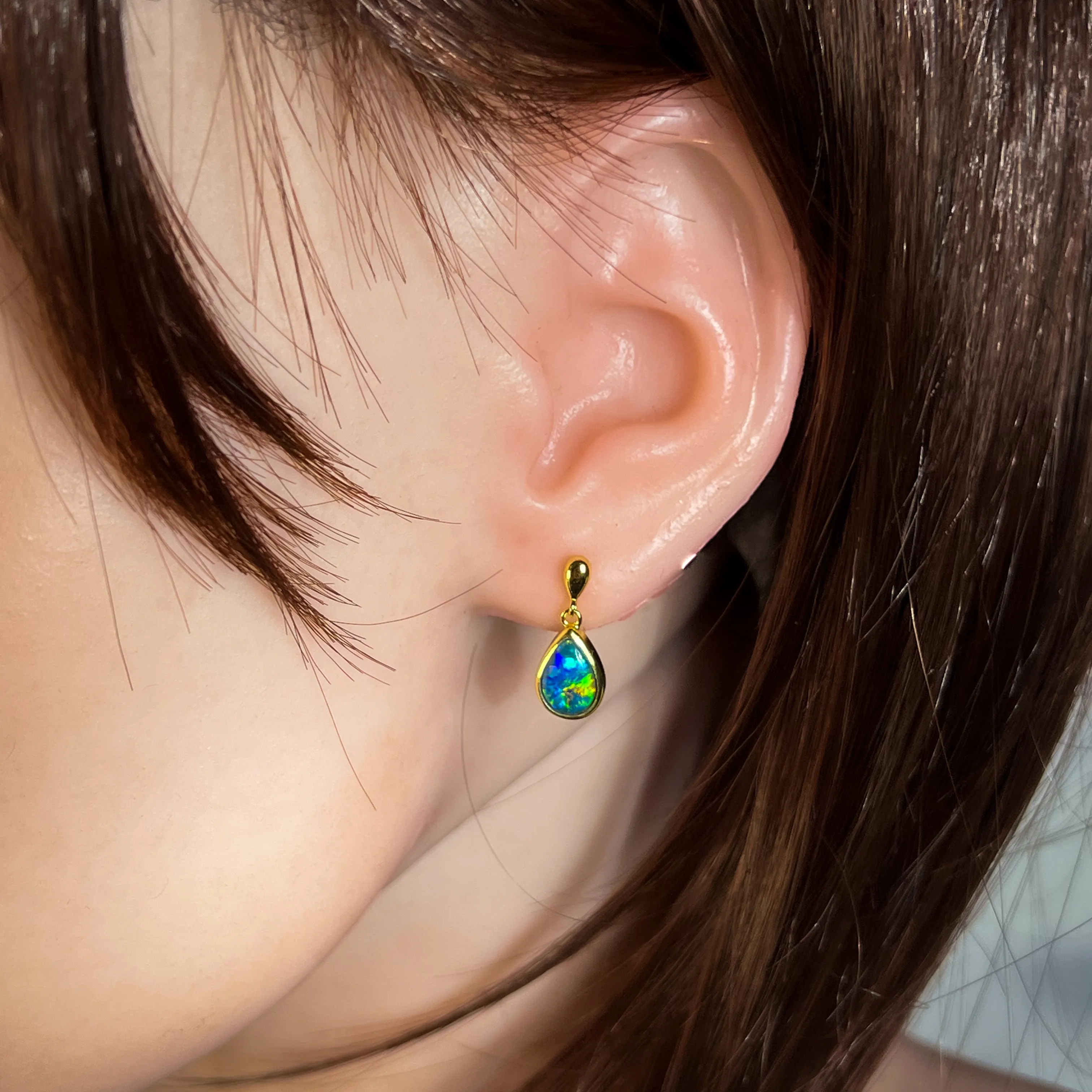 Gold plated Silver short drop pear shape 9x6mm Opal triplet earrings