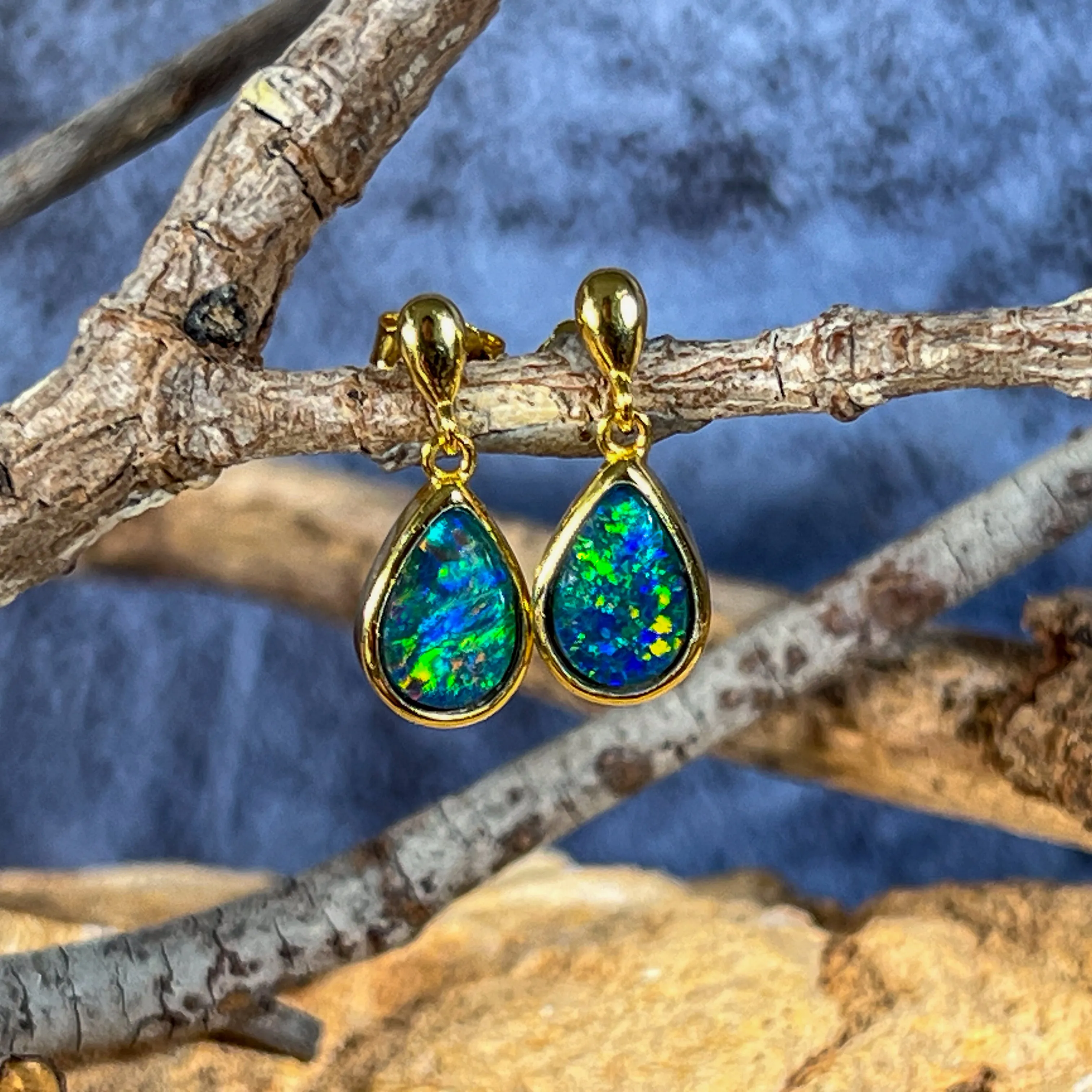 Gold plated Silver short drop pear shape 9x6mm Opal triplet earrings