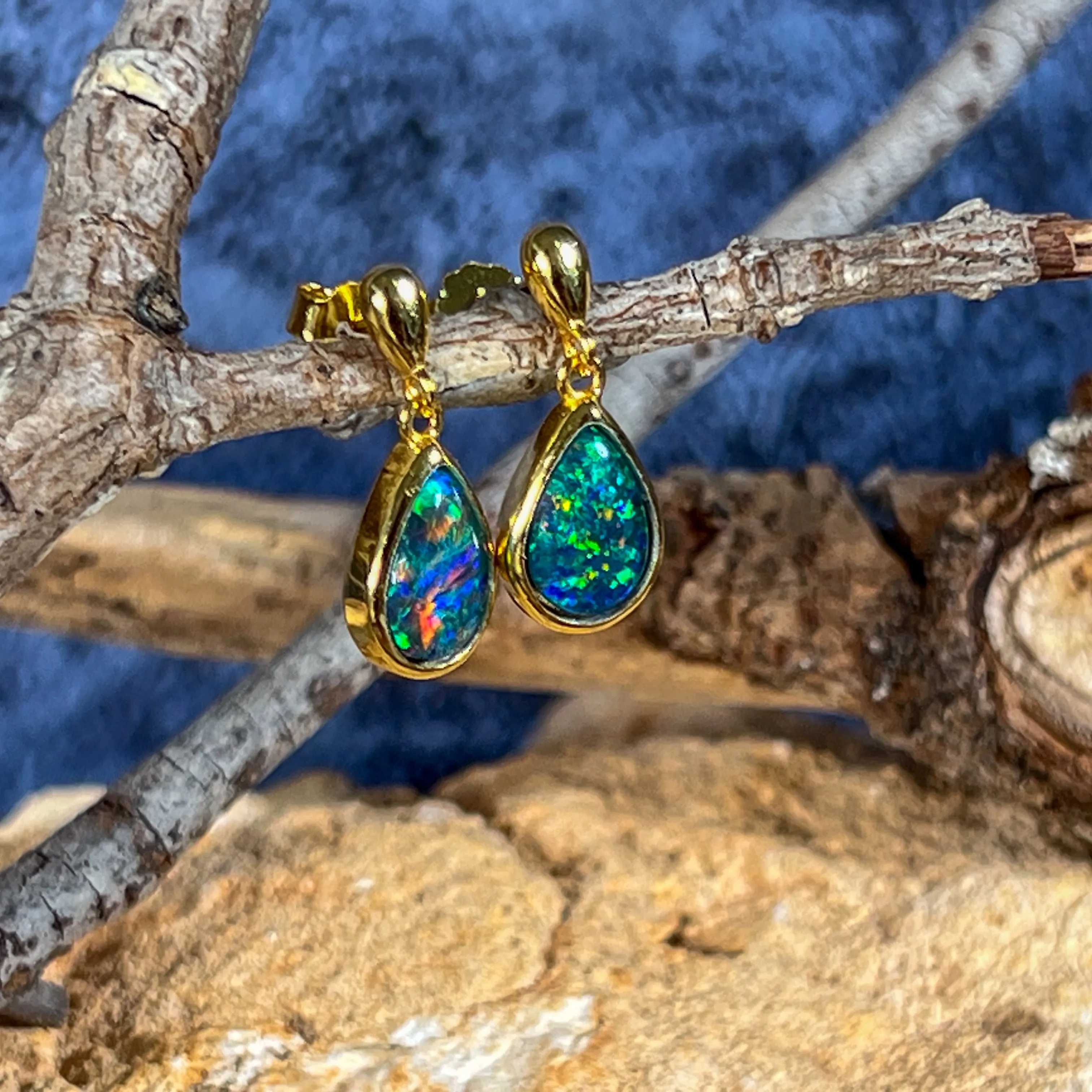 Gold plated Silver short drop pear shape 9x6mm Opal triplet earrings