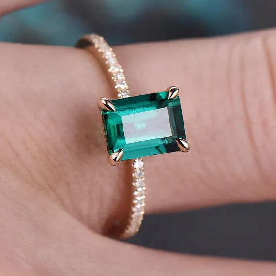 Handmade Minimalist 1.2 Carat Emerald Cut Emerald Engagement Ring Diamond Accent Band