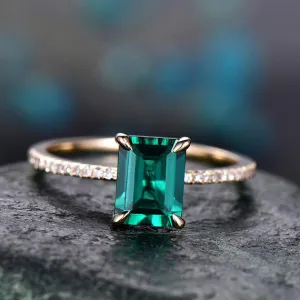 Handmade Minimalist 1.2 Carat Emerald Cut Emerald Engagement Ring Diamond Accent Band