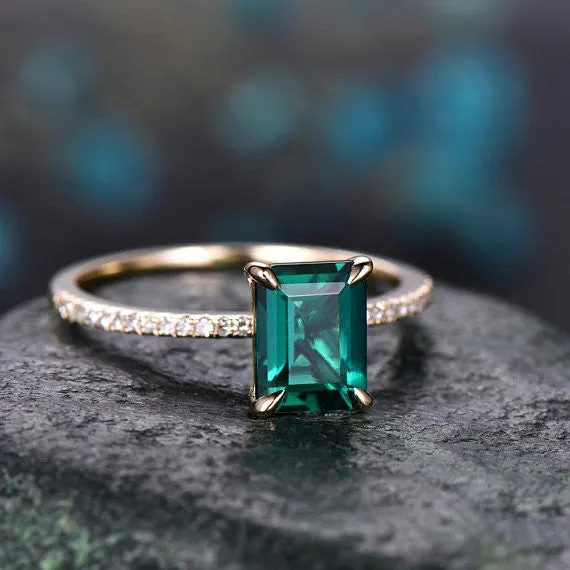 Handmade Minimalist 1.2 Carat Emerald Cut Emerald Engagement Ring Diamond Accent Band