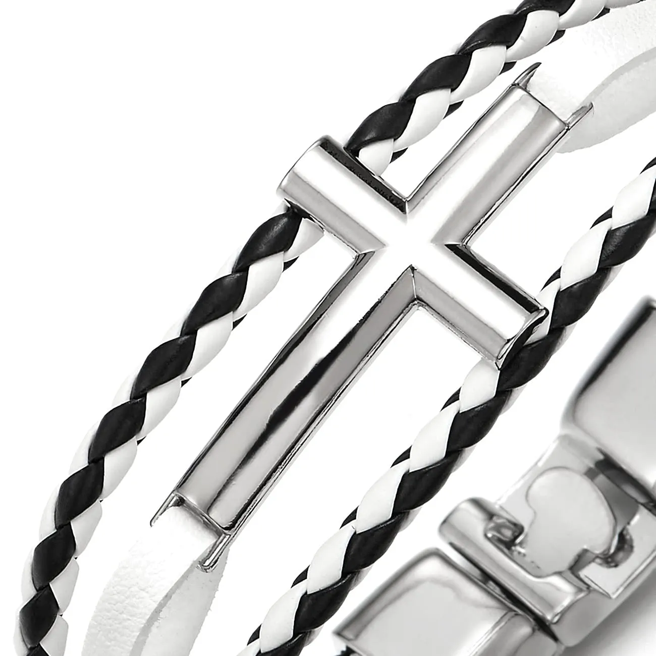 Horizontal Sideway Lateral Cross Black White Braided Leather Bangle Wristband Bracelet, Three-Row