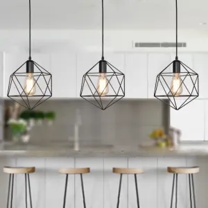 Industrial Black/Gold Geometric Cage Pendant Light - Metal Hanging Lamp for Kitchen Island