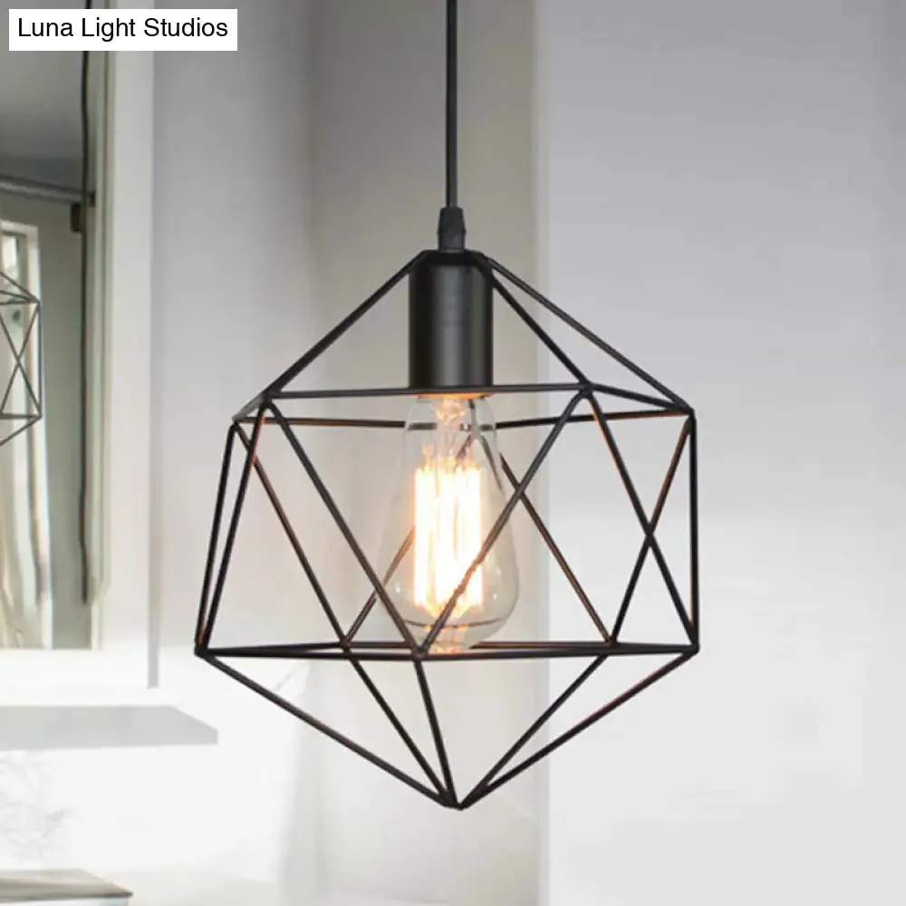 Industrial Black/Gold Geometric Cage Pendant Light - Metal Hanging Lamp for Kitchen Island