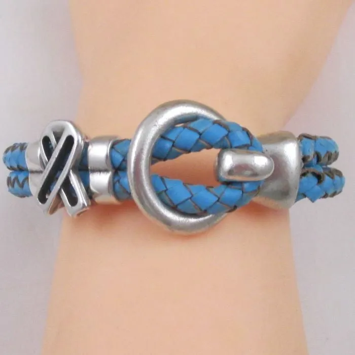 Light Blue Awareness Leather Braided Bracelet