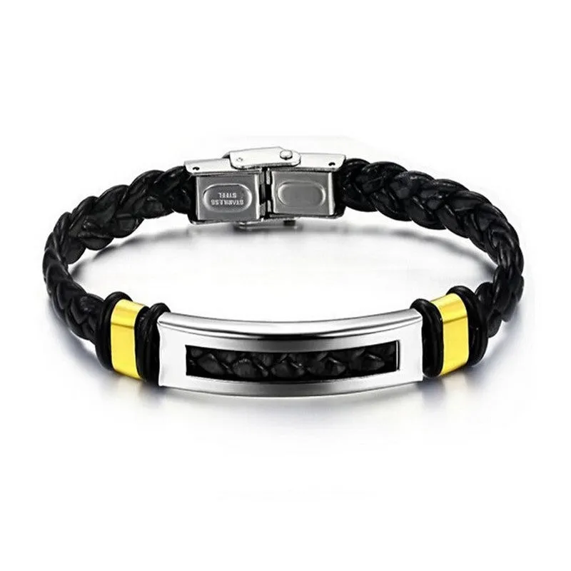 Men Stainless Steel Silver and gold colored Leather Bracelets