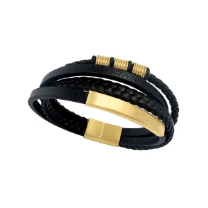 Men's Magnetic Clasp 14k Gold Plated Multistrand Leather Black Bracelet gold