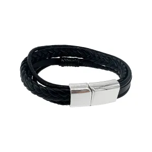 Men's Rhodium Plated Magnetic Clasp Multistrand Black Leather Bracelet