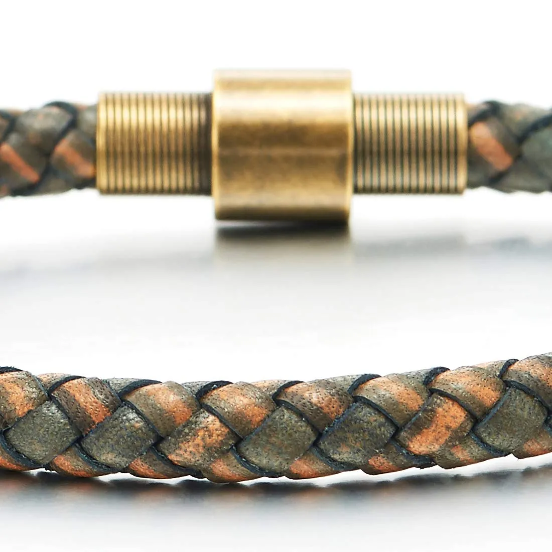 Mens Women Two-Tone Brown Braided Leather Bracelet Bangle, Vintage Aged Brass Steel Magnetic Clasp