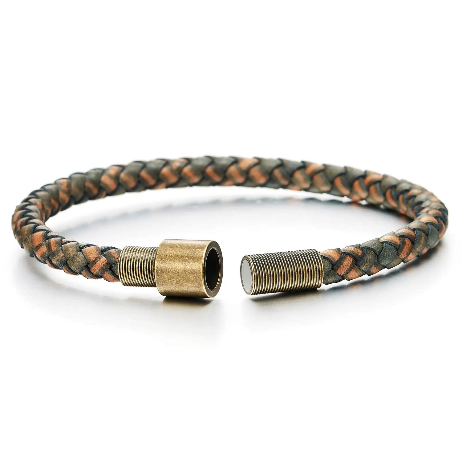 Mens Women Two-Tone Brown Braided Leather Bracelet Bangle, Vintage Aged Brass Steel Magnetic Clasp