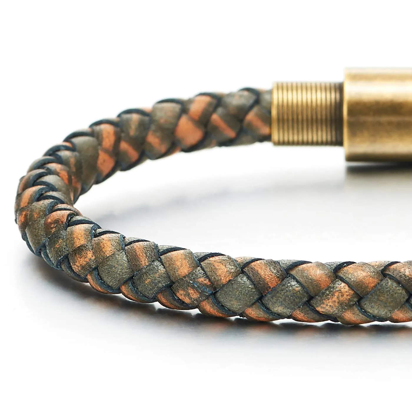 Mens Women Two-Tone Brown Braided Leather Bracelet Bangle, Vintage Aged Brass Steel Magnetic Clasp