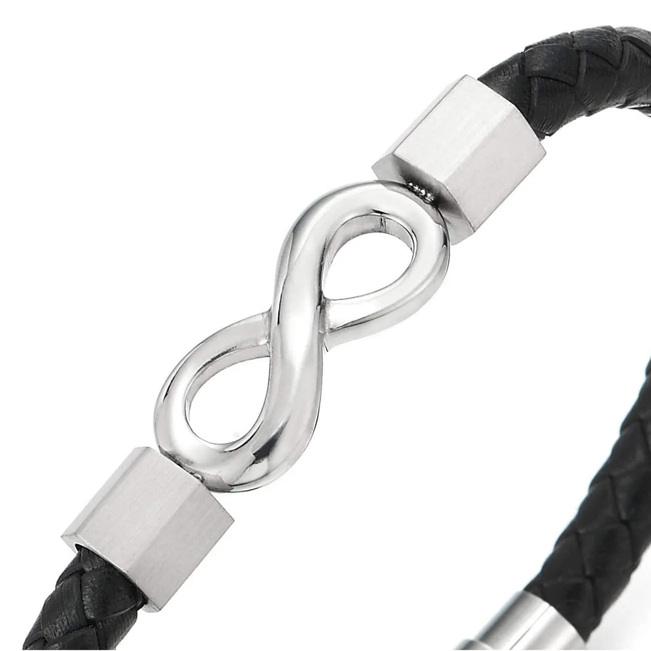 Mens Womens Black Braided Leather Bangle Bracelet Steel Infinity Love Number 8 and Magnetic Clasp