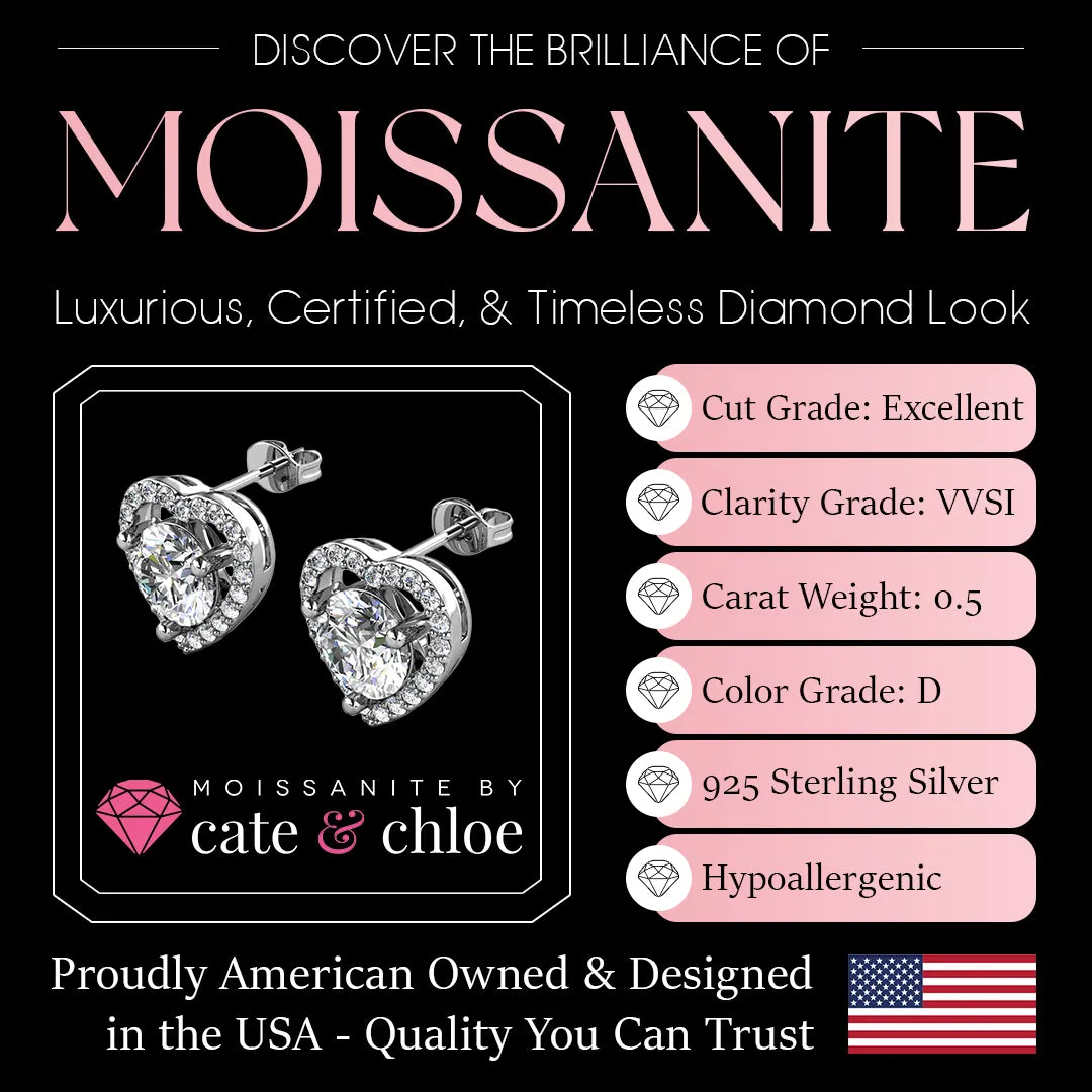 Moissanite by Cate & Chloe Briana Sterling Silver Heart Stud Earrings with Moissanite Crystals