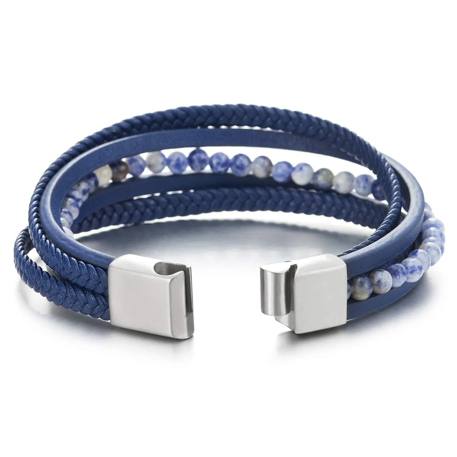 Multi-Strand Dark Blue Gem Stone Beads Chain Braided Leather Bracelet Wristband Steel Magnetic Clasp