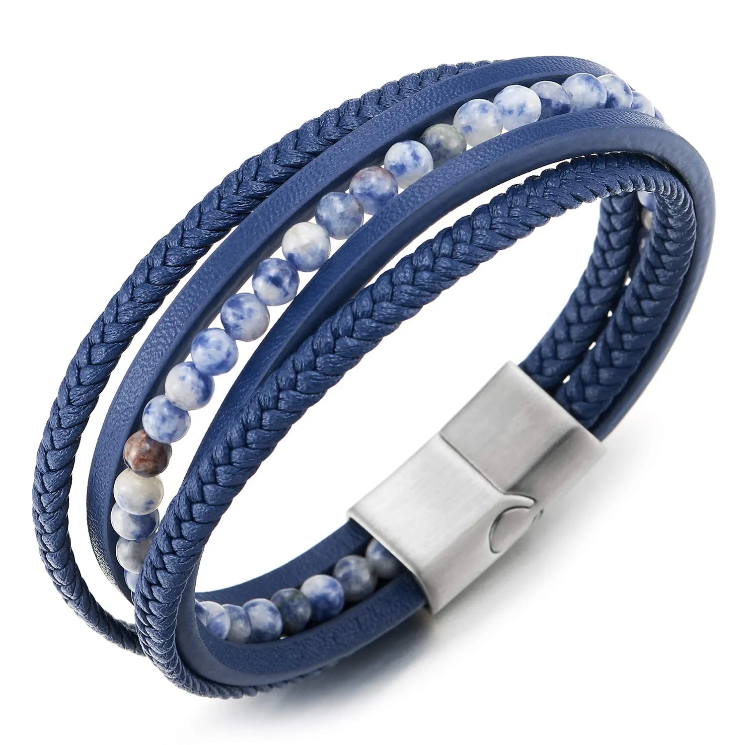 Multi-Strand Dark Blue Gem Stone Beads Chain Braided Leather Bracelet Wristband Steel Magnetic Clasp