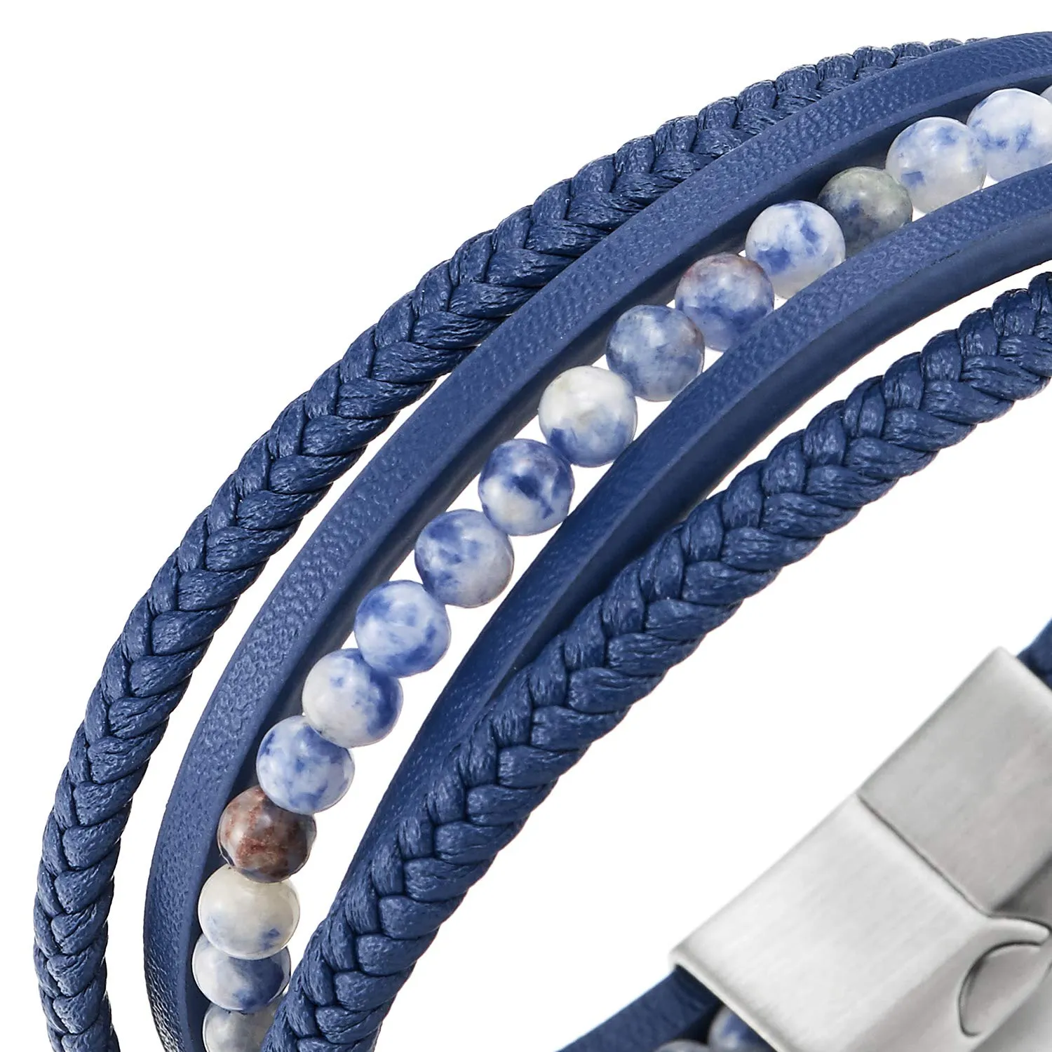 Multi-Strand Dark Blue Gem Stone Beads Chain Braided Leather Bracelet Wristband Steel Magnetic Clasp