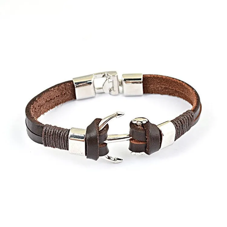 New Arrival Pirate Style Alloy Stainless Steel Anchor Bracelet For Men Genuine Cow Leather Bracelet Jewelry Best Friend Gift