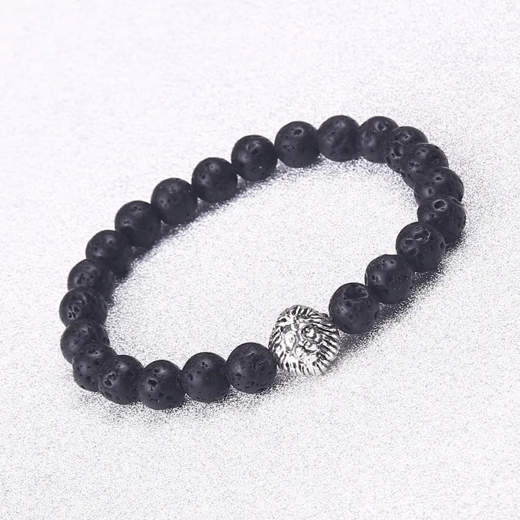 New Design Silver Lion Head Bracelets Lava Stone And Tiger Eye Men Beads Bracelets Mens Gift Men Jewelry