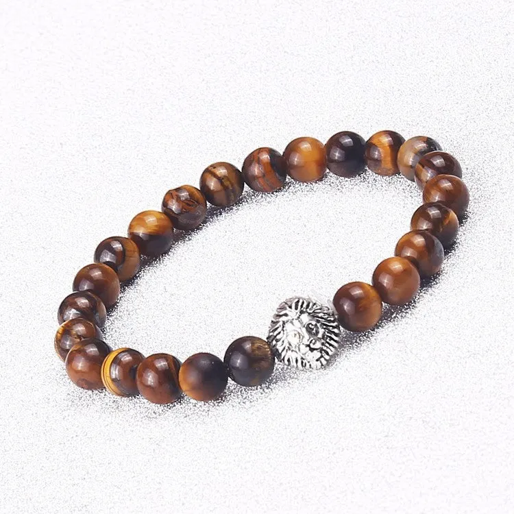 New Design Silver Lion Head Bracelets Lava Stone And Tiger Eye Men Beads Bracelets Mens Gift Men Jewelry