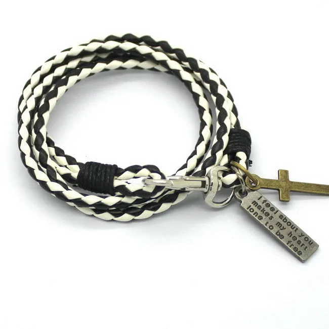 New Fashion Bandage Buckle key Pattern Leather Bracelet popular brown Cross Bracelet for man