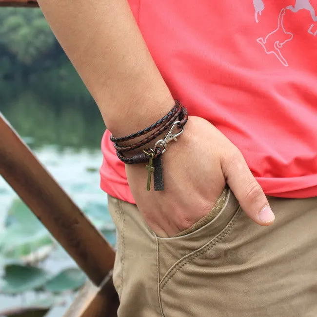 New Fashion Bandage Buckle key Pattern Leather Bracelet popular brown Cross Bracelet for man