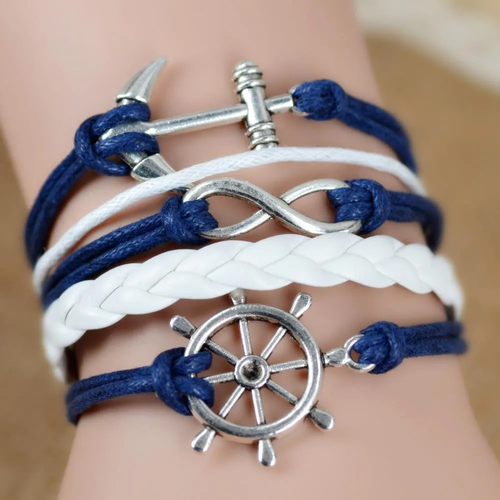 New Leather Charm Bracelet Braid Multilayer Bracelet Infinity Anchor Rudder Bracelet Europe Life Tree Bracelets Bangle