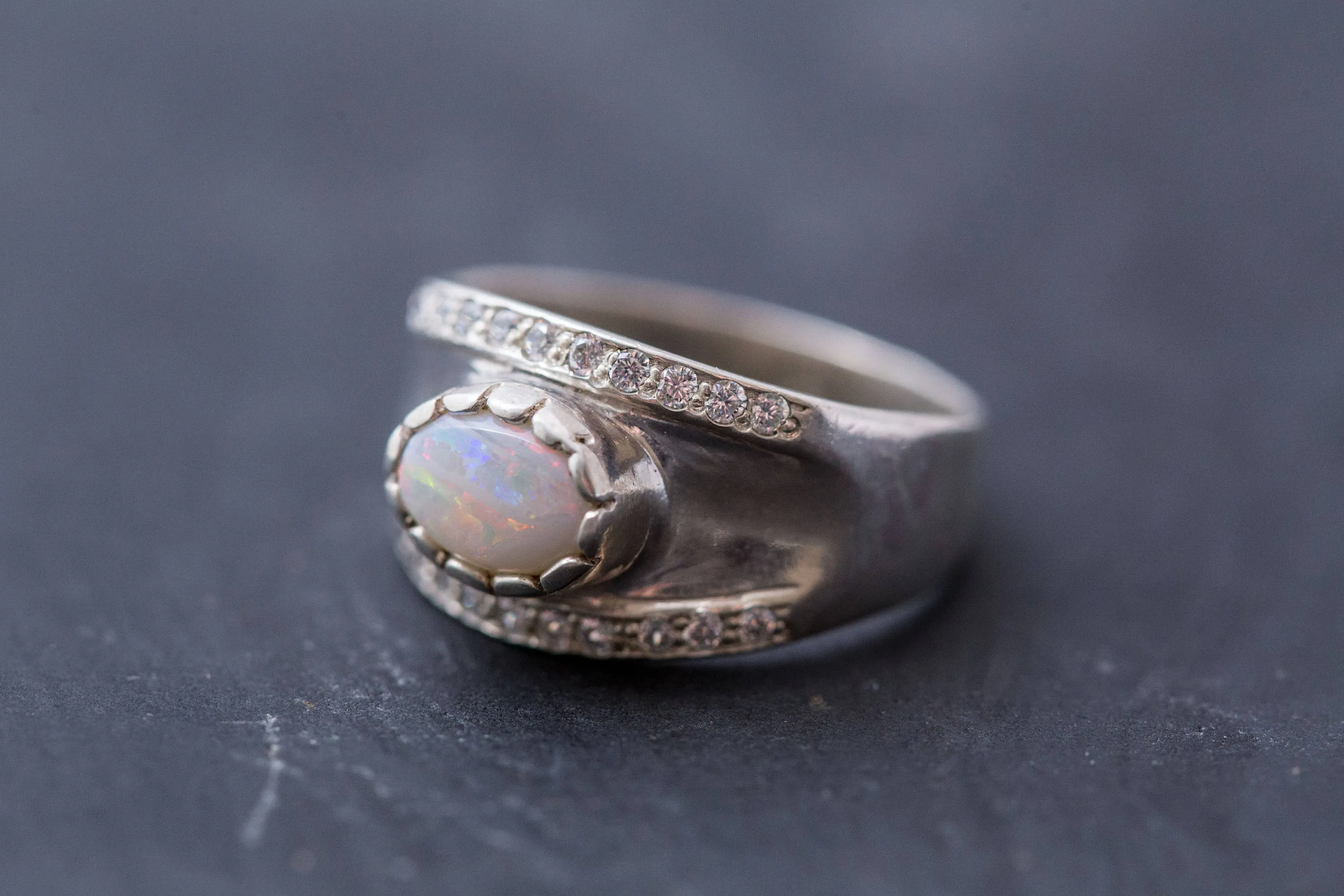 Opal Statement Ring - Silver Chunky Band - Vintage Opal Ring