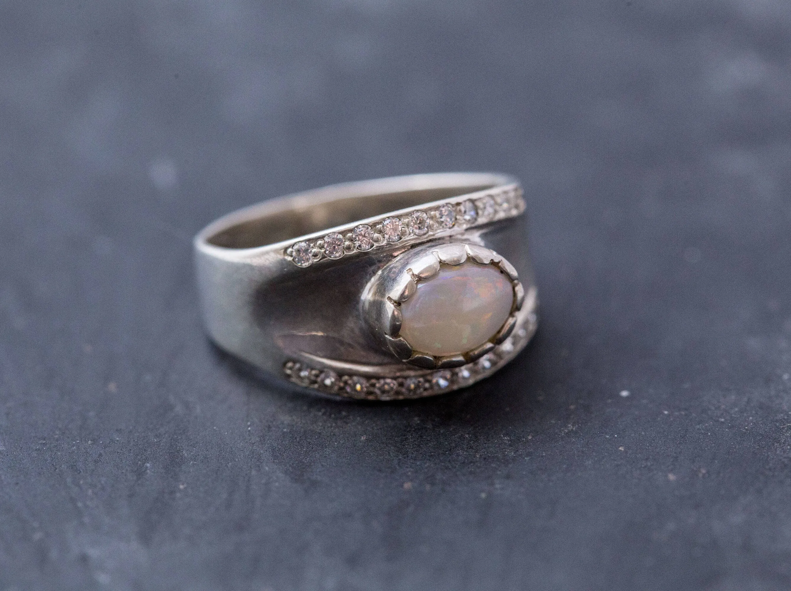 Opal Statement Ring - Silver Chunky Band - Vintage Opal Ring