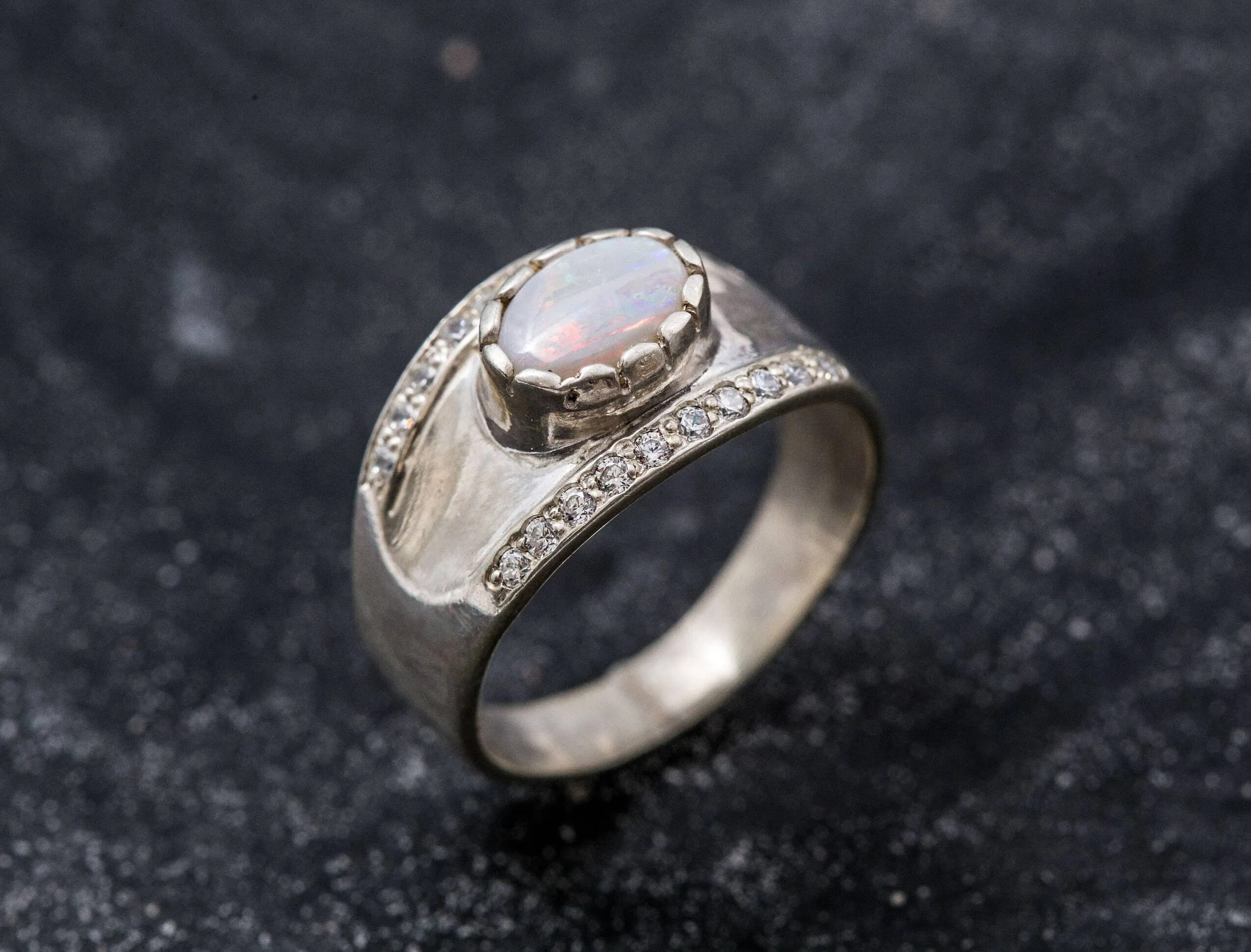 Opal Statement Ring - Silver Chunky Band - Vintage Opal Ring