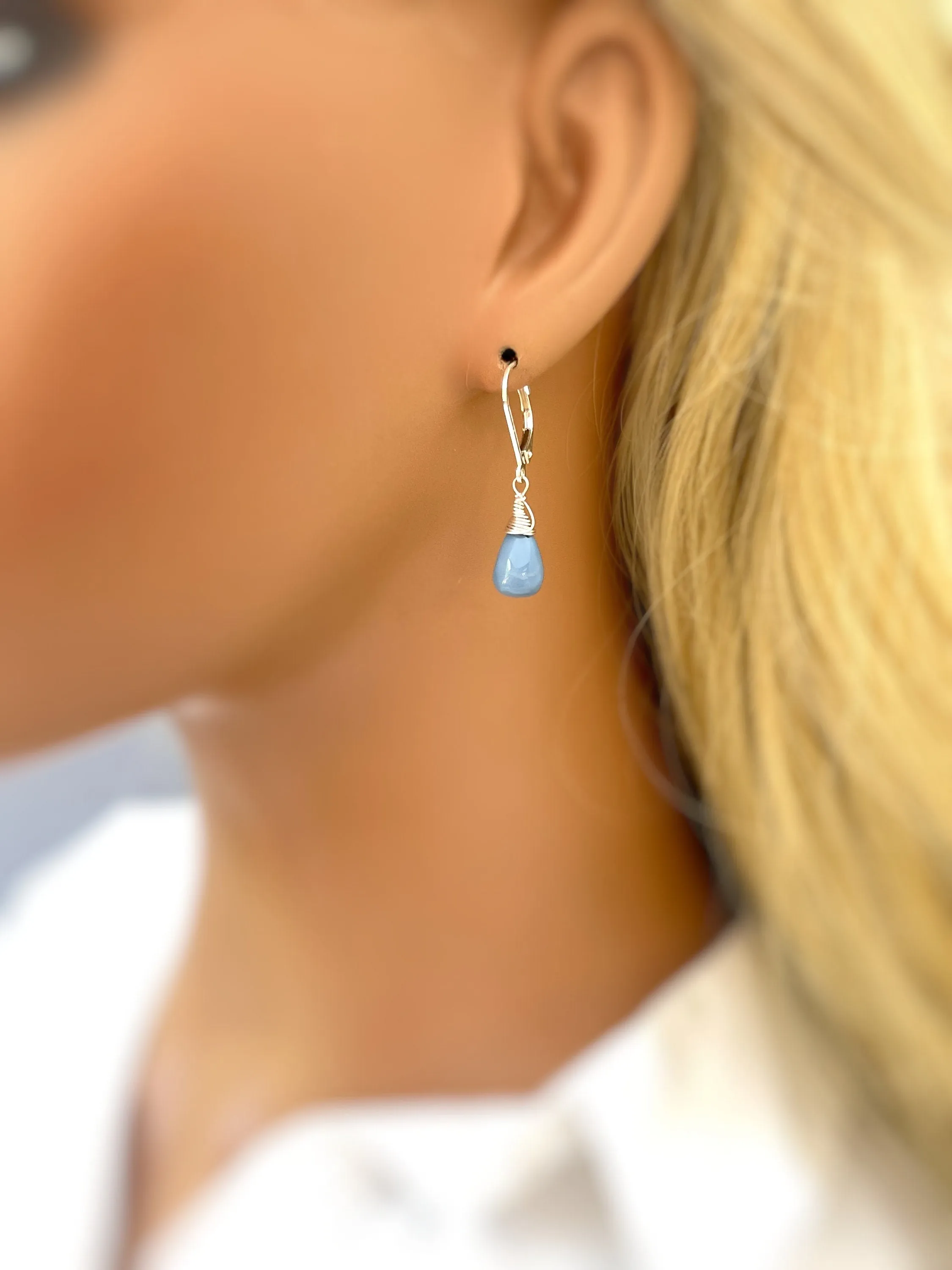 Owyhee Blue Opal earrings dangle Sterling Silver Gold, Rose Gold teardrops