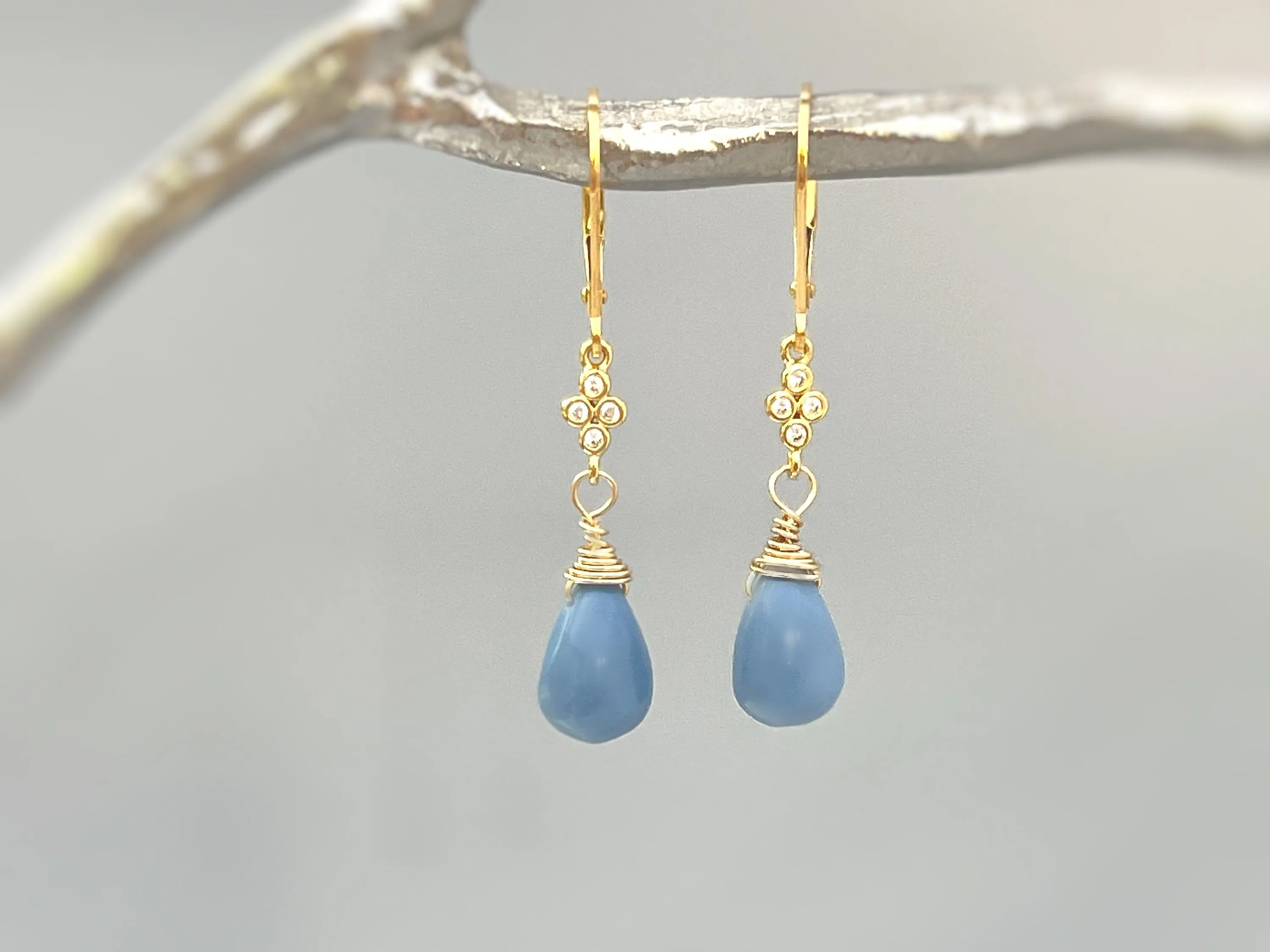 Owyhee Blue Opal earrings dangle with crystals Gold, Rose Gold, Sterling silver