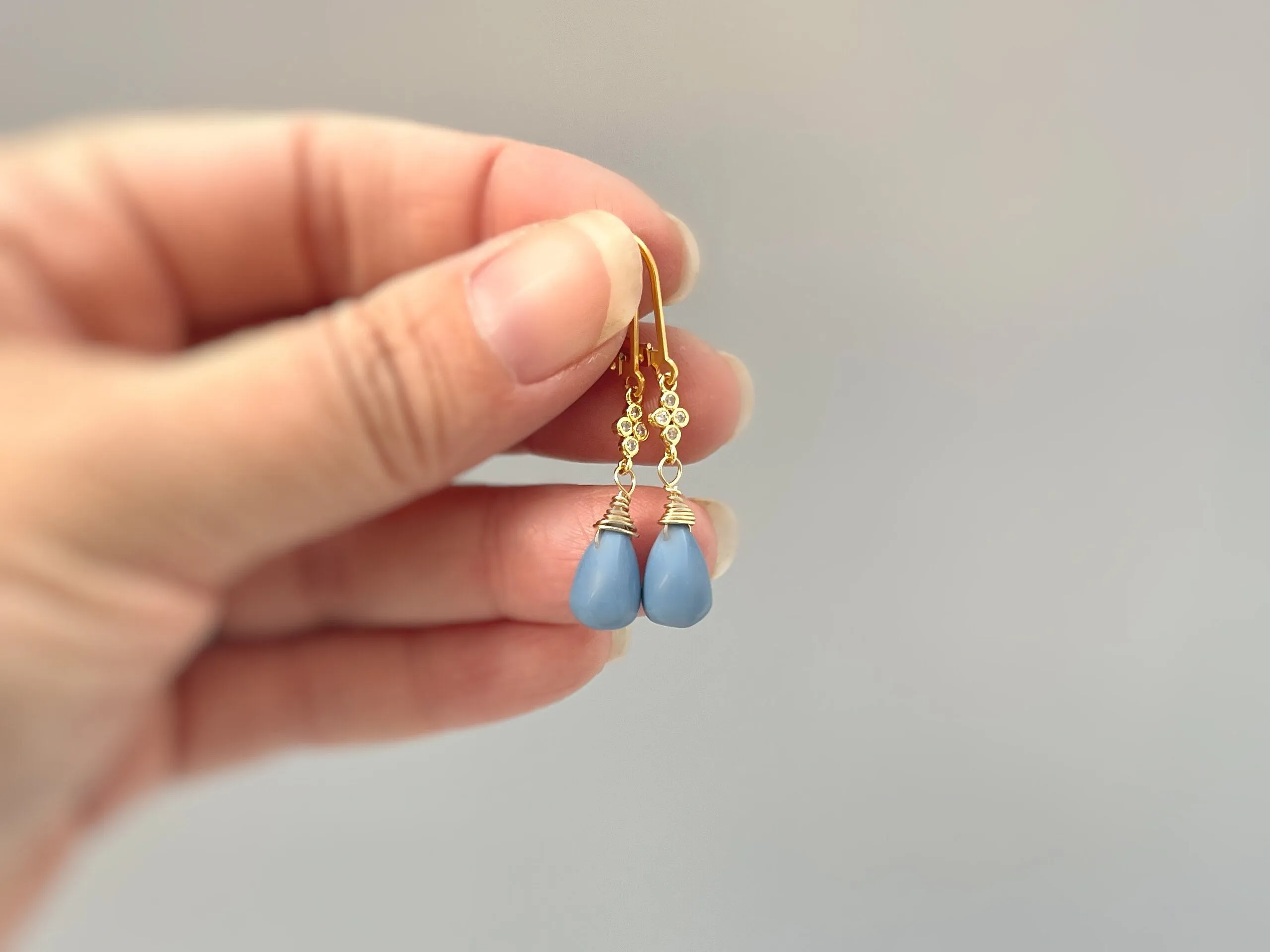 Owyhee Blue Opal earrings dangle with crystals Gold, Rose Gold, Sterling silver