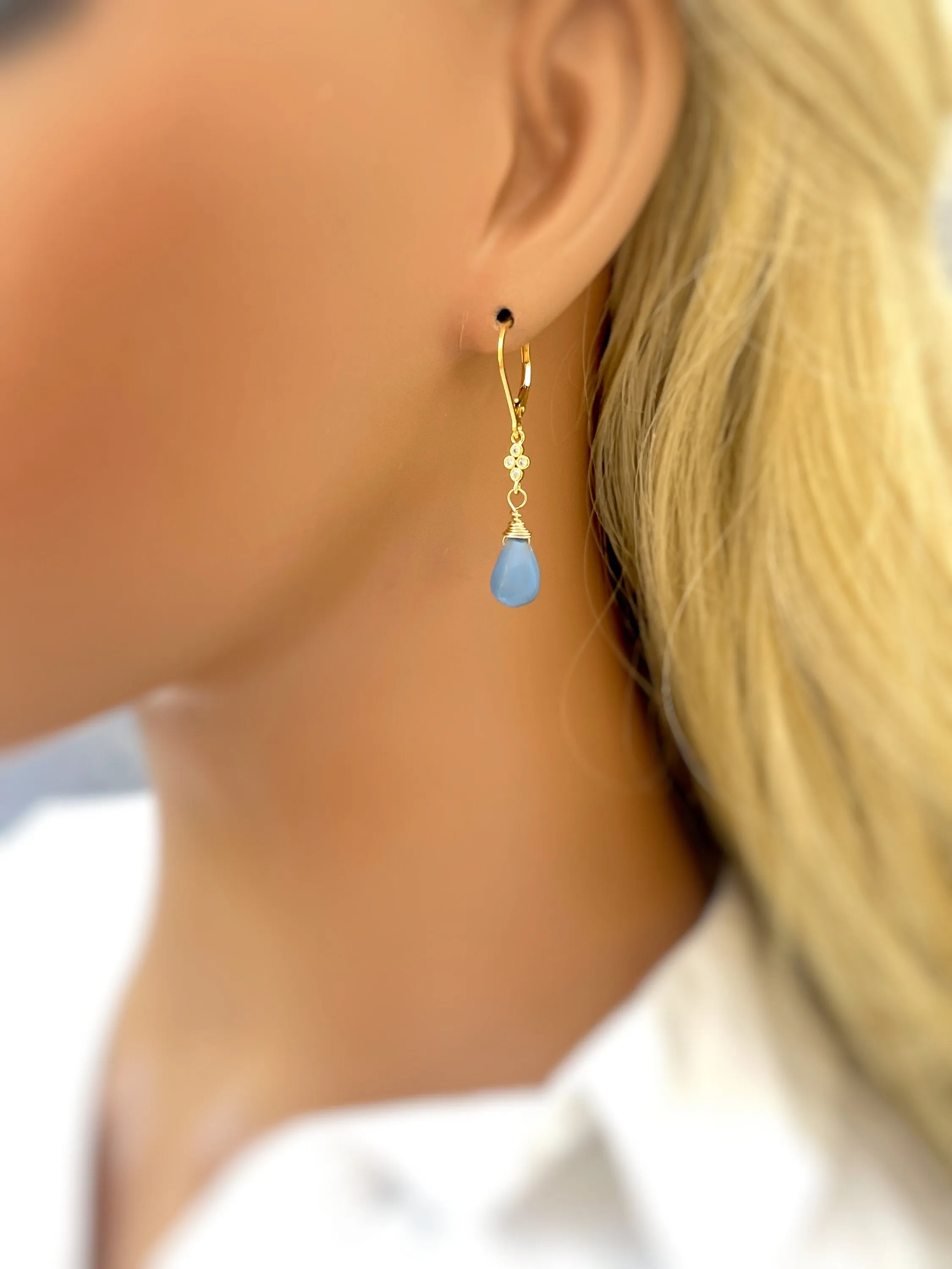 Owyhee Blue Opal earrings dangle with crystals Gold, Rose Gold, Sterling silver