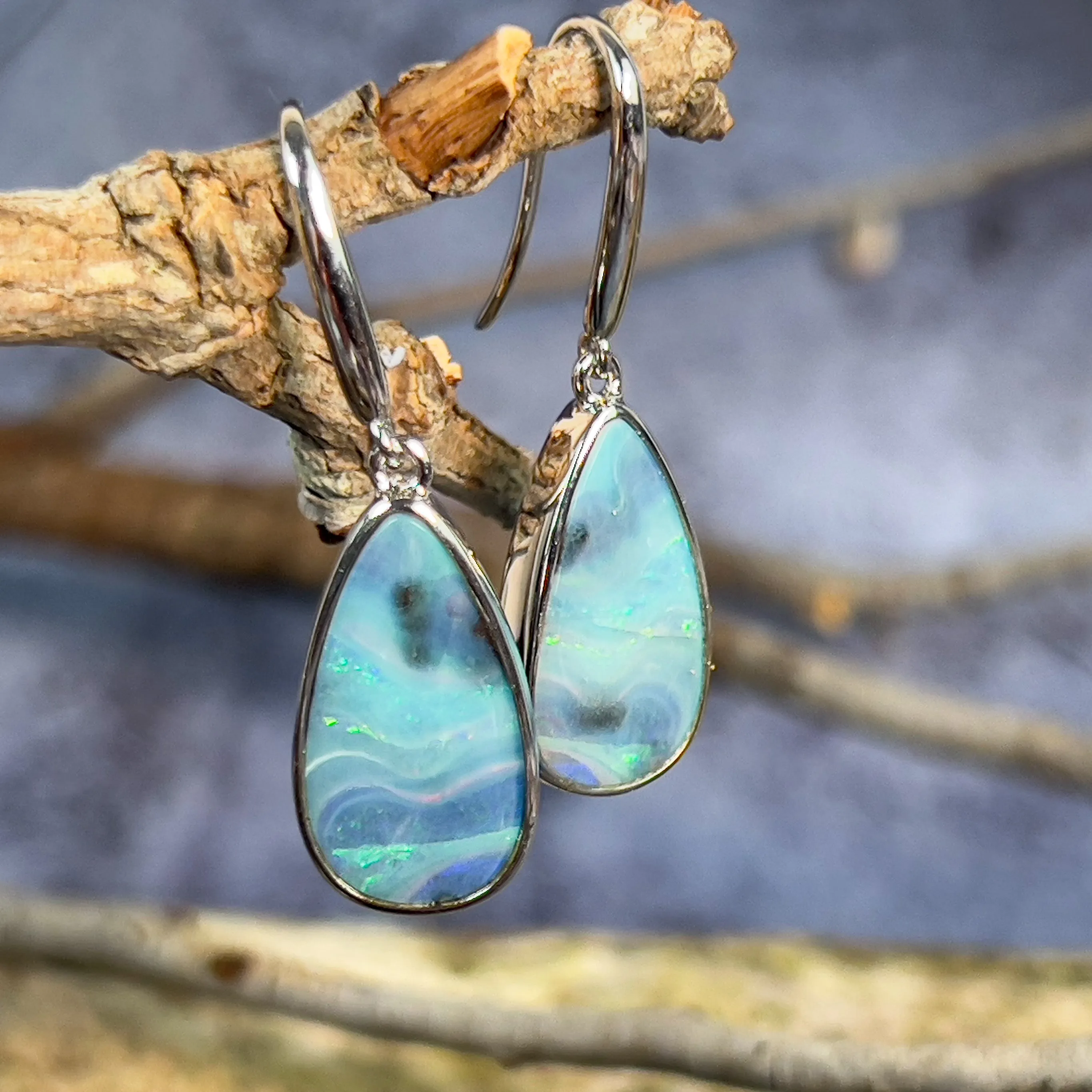 Pair of sterling silver Boulder Opal 12.36ct dangling earrings