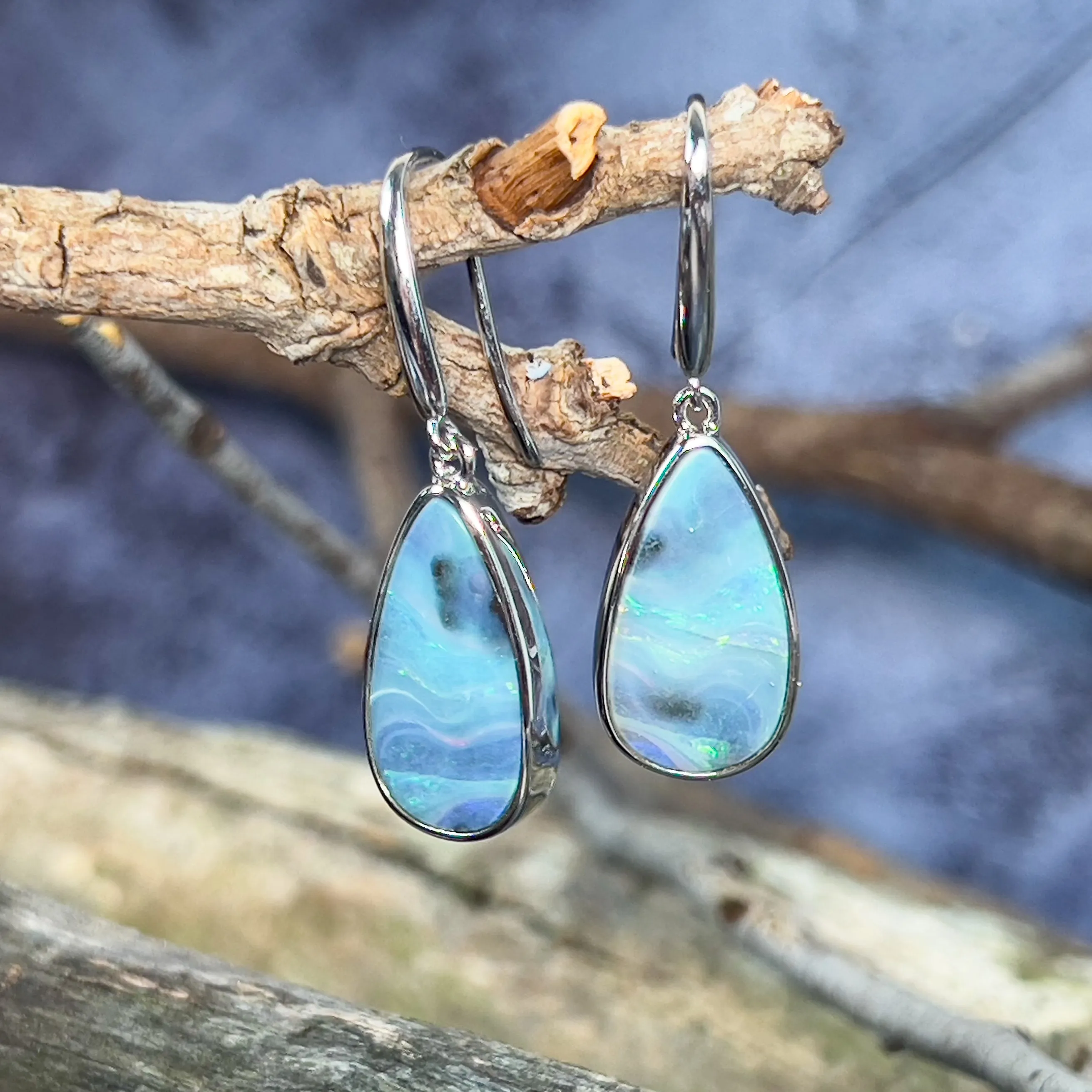 Pair of sterling silver Boulder Opal 12.36ct dangling earrings