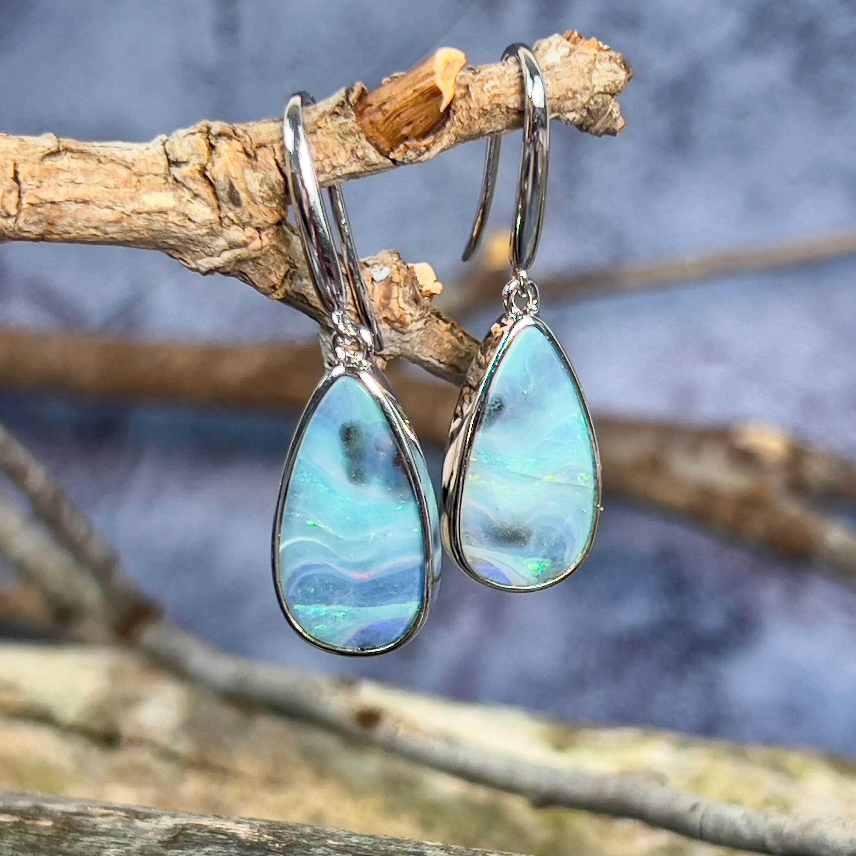 Pair of sterling silver Boulder Opal 12.36ct dangling earrings