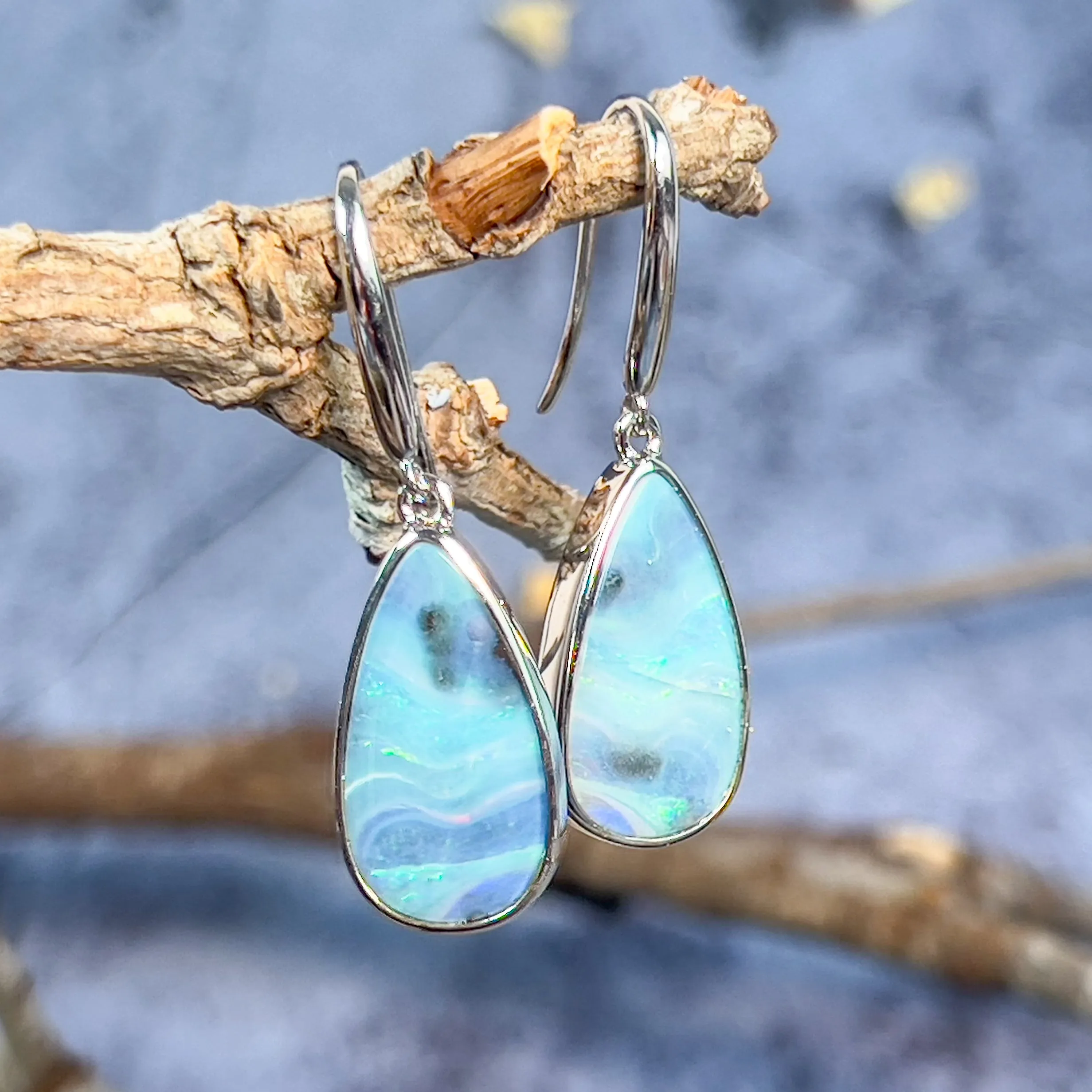 Pair of sterling silver Boulder Opal 12.36ct dangling earrings