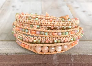 Peach and Olive Leather Beaded Macrame Bracelet Set